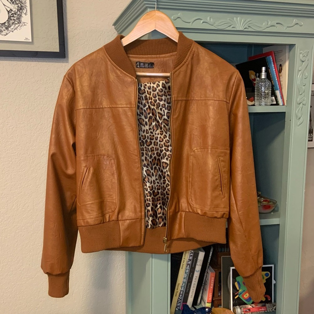 Vintage Korean Saddle Tan Fashion Faux Leather Bomber Jacket Size S/M